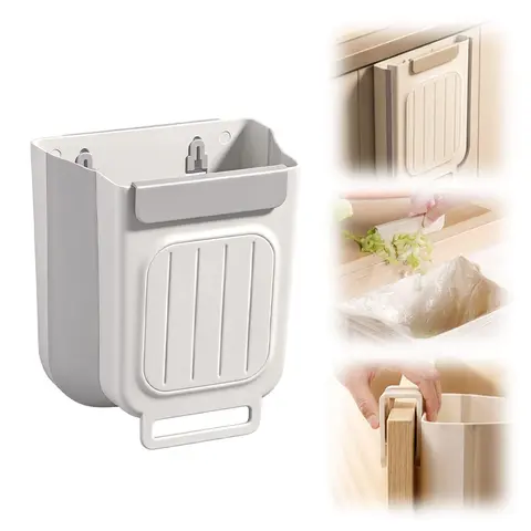 Foldable Hanging Kitchen Trash Can with Lid, 11L Sturdy Plastic Waterproof Garbage Can, Space-Saving Waste & Recycling Bin for Cabinets, Home Care Kitchen Accessory
