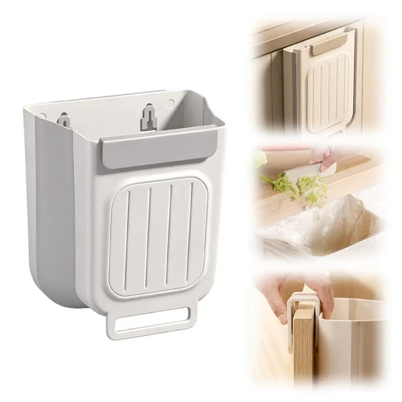 Foldable Hanging Kitchen Trash Can with Lid, 11L Sturdy Plastic Waterproof Garbage Can, Space-Saving Waste & Recycling Bin for Cabinets, Home Care Kitchen Accessory