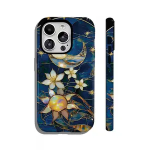 Stained Glass Sun & Moon Phone Case for iPhone & Samsung • 2D Flat Print • Dual-Layer TPU+PC Protection • Wireless Charging Compatible • Celestial Starry Design