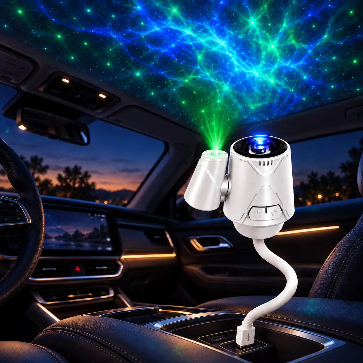 USB Star Projector for Car & Room, 8 Lighting Modes, Flexible Gooseneck, Nebula, Green Stars & 4000K Night Light, 5V 5W