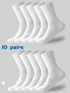 Men's white mid length socks, breathable and sweat absorbing couple's four season socks, 10 pairs of unisex daily casual, work and business wear, versatile for running, exercise and sports
