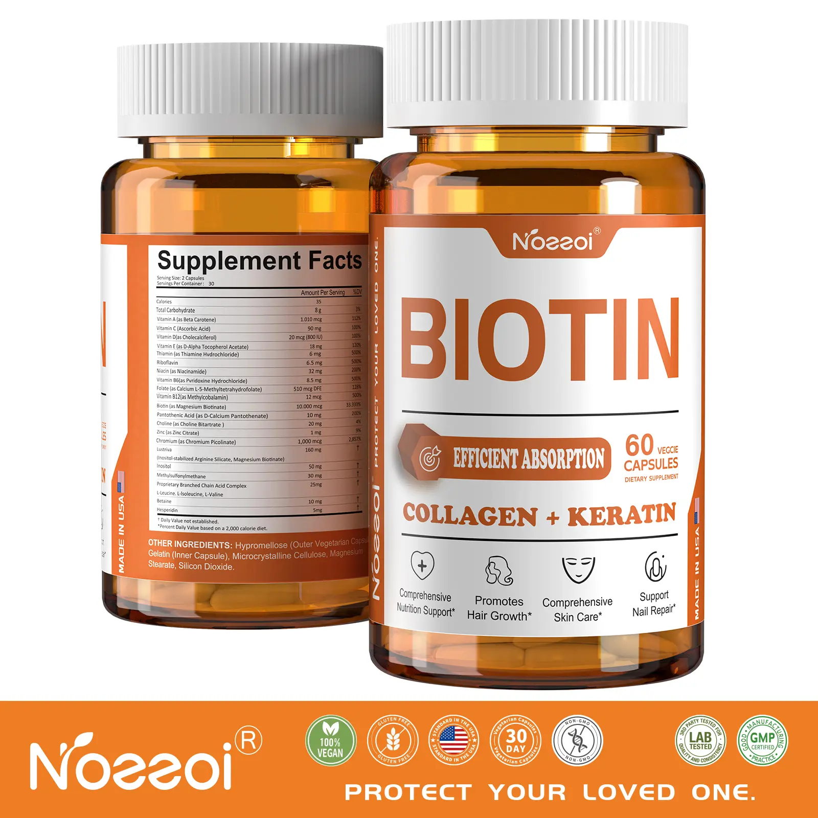 Noeeoi Biotin Capsules with Collagen & Keratin, Efficient Absorption Daily Supplement, Supports Hair, Skin & Nail Wellness for Men & Women, 60 Veggie Capsules