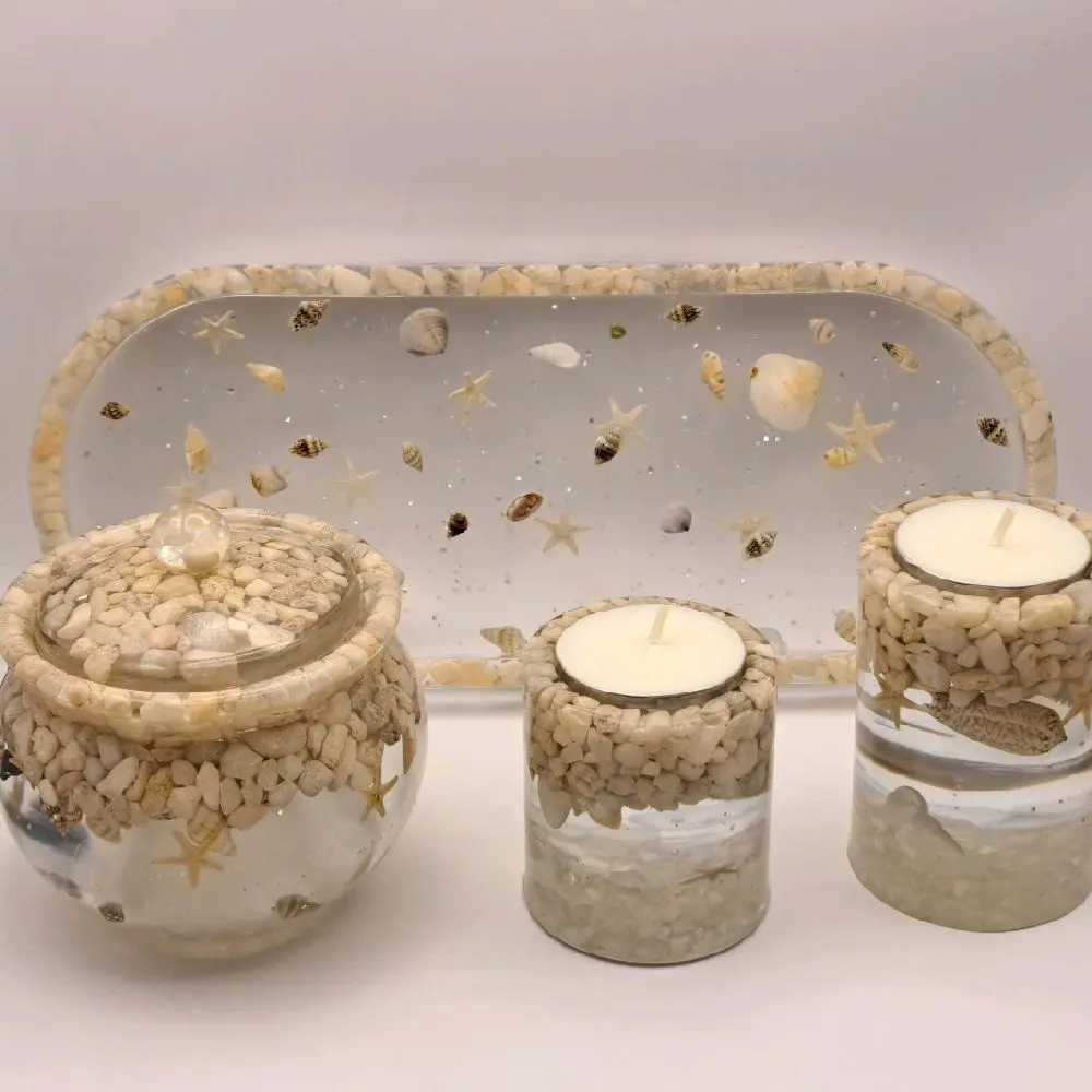 Handmade Trinket Tray Storage Jar & Tealight Candle Holder Set with Seashell Design and Starfish Accents