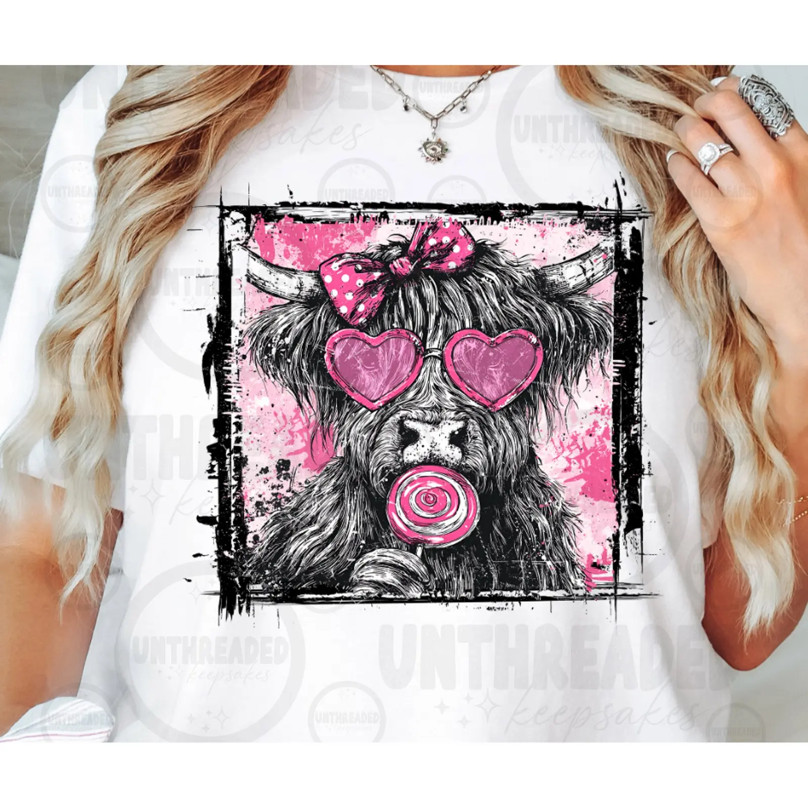 Highland Cow Valentine Bow Graphic T-Shirt | Cow Love Heart Sunglasses Tee