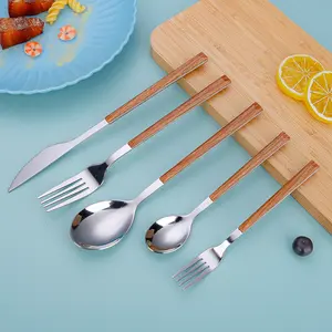 Minimalist Stainless Steel Tableware Cutlery Set - Creative Faux-Wood Handle Knives, Forks, Spoons for Fruit, Dessert Use