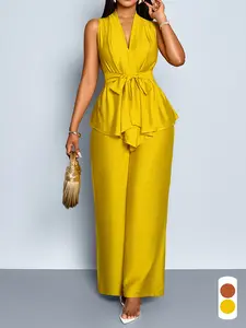 Women's Summer Casual Chic Two-Piece Set, Deep V Neck Sleeveless Blouse & High Waist Wide Leg Pants, Drawstring Bowknot Design, Daily Wear