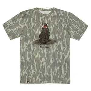 Mossy Oak Washed Out Camo Tee Mr. Fox Turkey Tee Printing Original Bottomland Pattern, Mr. Fox Turkey Tee Printing Mossy Oak Original Bottomland Short Sleeve Camo Shirt