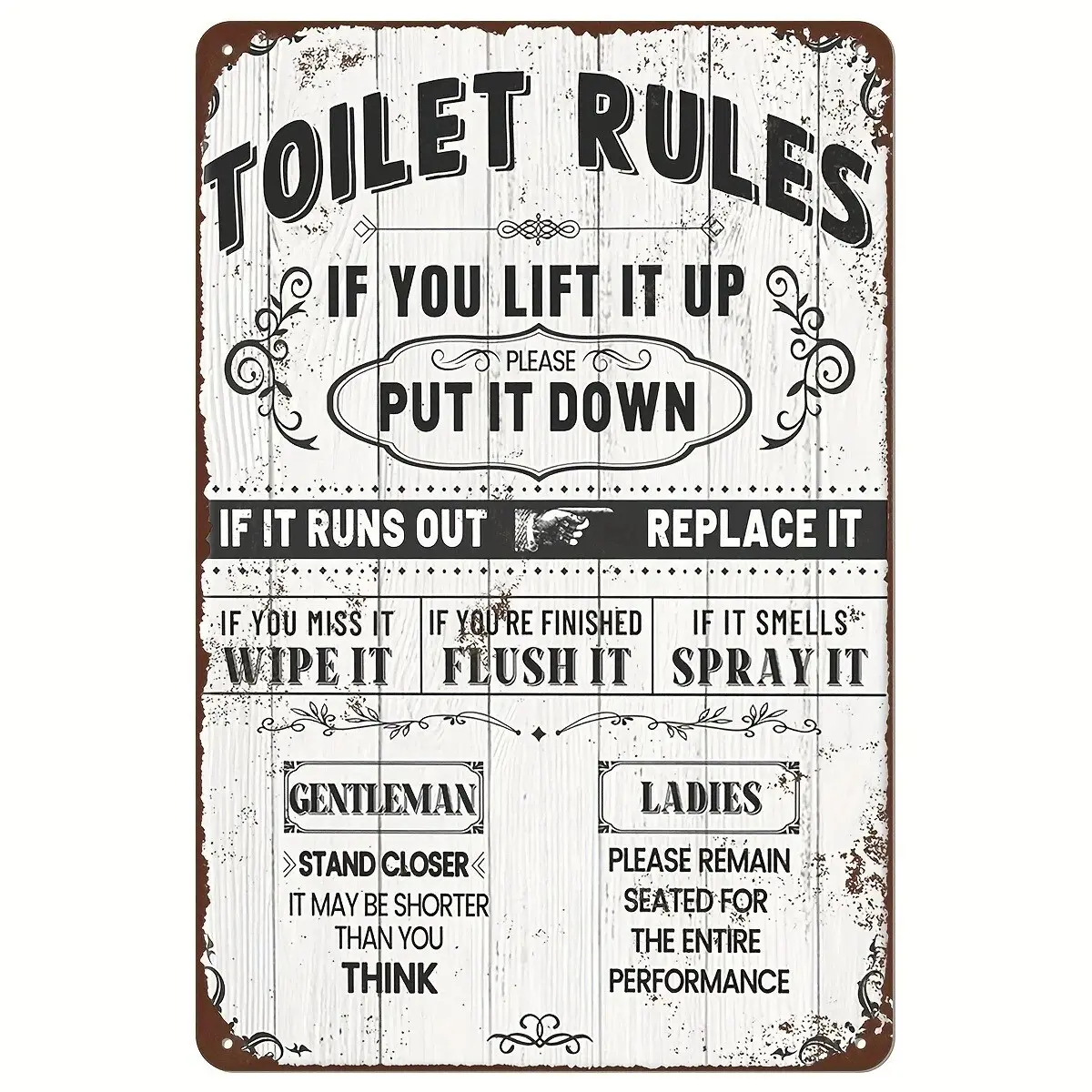 Funny Toilet Rules Tin Sign, Metal Signs, Humorous Bathroom Decor, Durable Metal Material, Perfect Gift for Restrooms & Bars