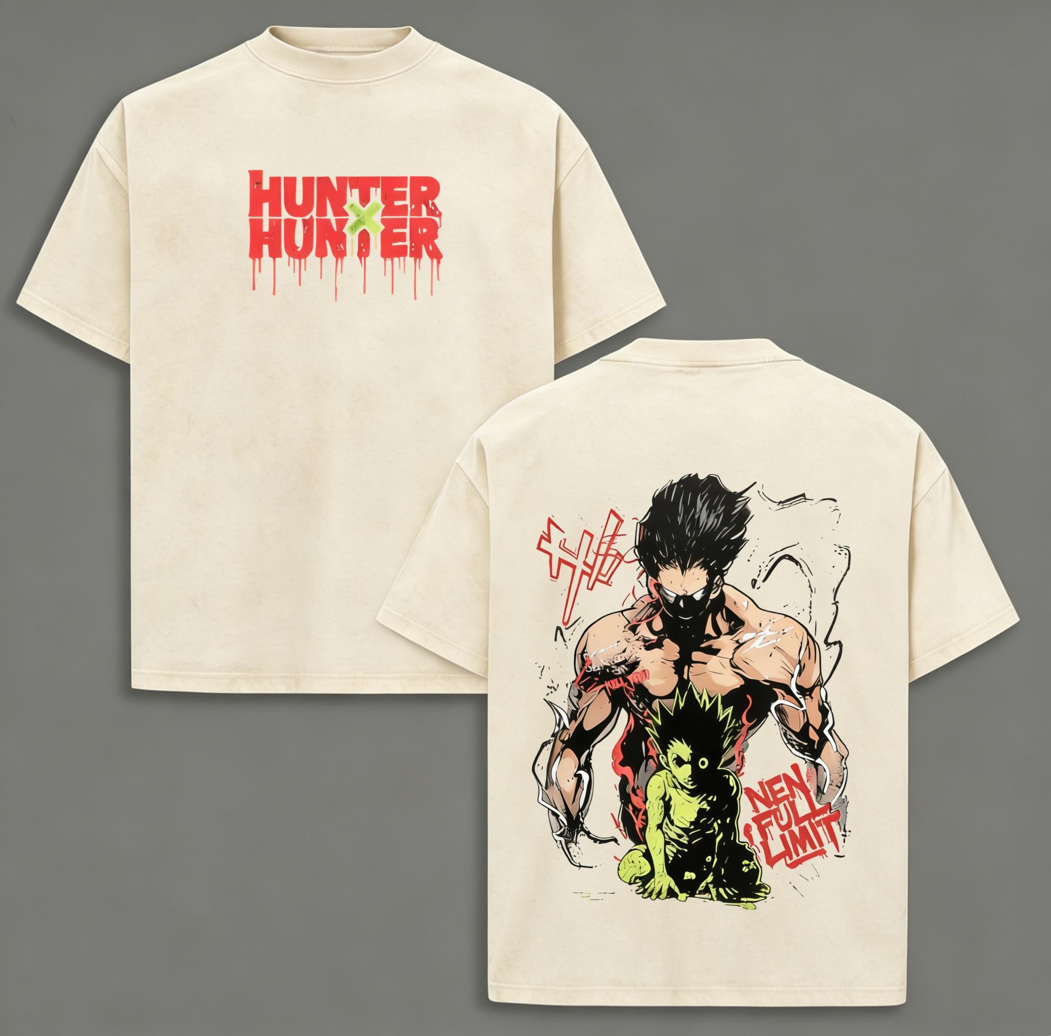 Hunter X Hunter Gon Freecss Adult Transformation Vintage Acid Wash Oversized T-Shirt Front Drip Red Hunter X Hunter Logo Back Nen Full Limit Gon Graphic Distressed Black Unisex Cotton Crewneck Anime Tee Gift For HxH Manga Fans Casual Street Outfit