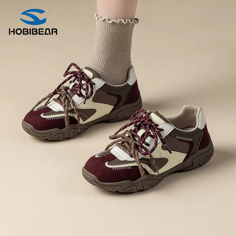 HOBIBEAR Women’s Retro Casual Sneakers – Synthetic Leather & Fabric Panels, Lace-Up Versatile Outdoor Leisure Shoes for Walking