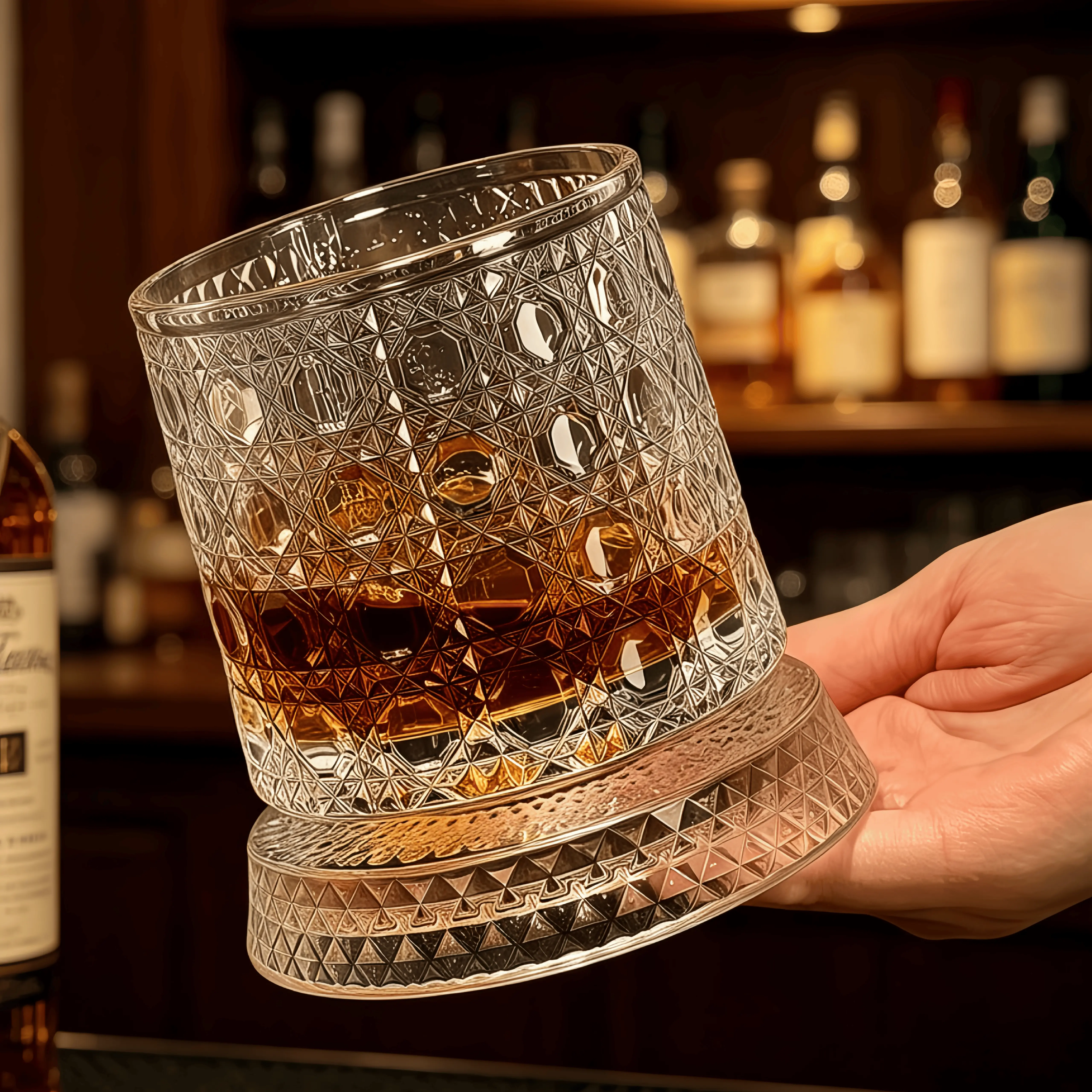 Luxury 360° Rotating Geometric Crystal Whiskey Glass - Built-in LED Lighting, Premium Drinking Glass, Stress-Relieving Gift for Bar Enthusiasts, Ideal for Anniversary, Bonfire, Rotating Whiskey Glass