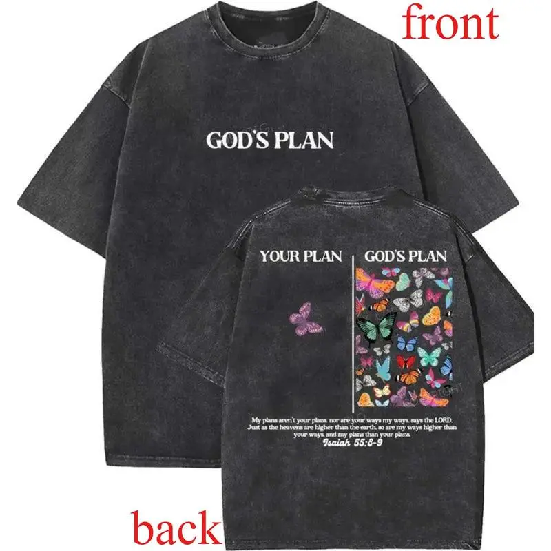 God’s Plan Christian T-Shirt Unisex Washed Cotton Tee, Vintage 90s Faith Inspired Graphic Shirt, Inspirational Christian Quote Summer Top for Men and Women, Soft Comfortable Crewneck Short Sleeve, Casual Streetwear Style