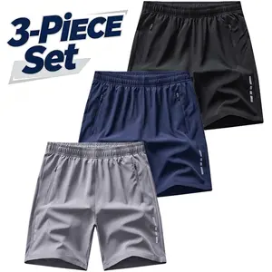 3-Pack Men’s Quick-Dry Athletic Shorts, Elastic Waist, Drawstring, Zipper Pockets, Knee-Length Fitness Shorts