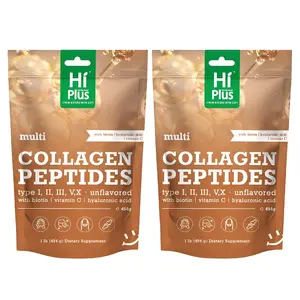 HiPlus Multi-Collagen Peptide Powder - Hydrolyzed Proteins (Type I, II, III, V, X) with Hyaluronic Acid, Biotin, And Vitamin C. Odorless - Supports Healthy Light Beige, Hair, Nails, And Joints - 1 Month Supply, One Scoop Equals One Egg