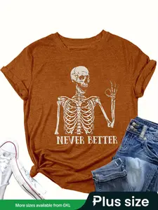 【Plus Size】 Letter & Skull Print Round Neck Tee, Casual Short Sleeve Crew Neck T-Shirt for Daily Wear, Women's Clothing for All Seasons, Halloween