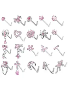 Mixed Nose Ring, Stainless Steel L Shaped Nose Rings Set, Rhinestone Butterfly Star Moon Heart Flower Charms Piercing Jewelry for Women & Men, Nose Piercings Kit