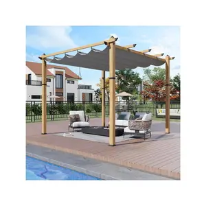 10 X 10 Ft Wood-Grain Aluminum Pergola OutdoorGazebo With Retractable Canopy Sun Shade Shelter For Garden, Patio, Backyard, Deck - Grey