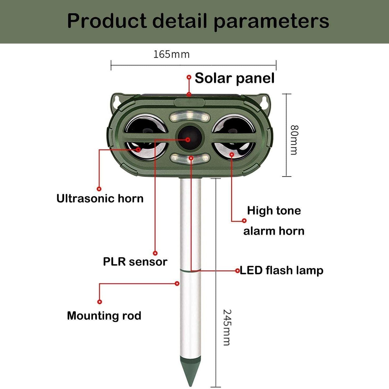 Solar Ultrasonic Animal Repeller - IP44 Waterresist Outdoor Pest Deterrent with Motion Sensor, Flashing Light, 5 Modes (Alarm Sound, Auto Switch), Solar & USB Charging for Animal Deterrence, Farm Area Deterrent (Squirrels, Cats, Deer, Raccoons), Alarm Sou