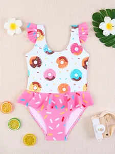 Mora Baby Toddler Girls' Donut Print Ruffle Rash Guard Swimsuit - UPF 50+ Quick-Dry Kids Bathing Suit