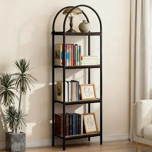 Arched Bookshelf 4 Tier or 5 Tier Tall Storage Shelf, Modern Display Rack with Metal Frame and Wood Shelves, Narrow Bookcase for Books CDs Plants Decor, Freestanding Organizer for Bedroom Living Room Home Office Kitchen