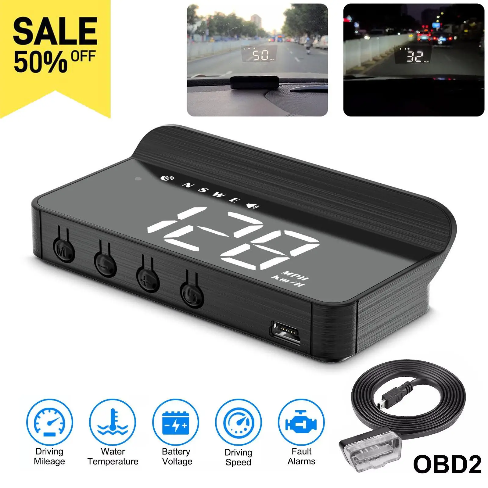 M3 Car OBD2 HUD Head Up Display Digital Gauge Speedometer，MPH KMH RPM Warning Alarm Meter, Electronic Overspeed Warning Projector