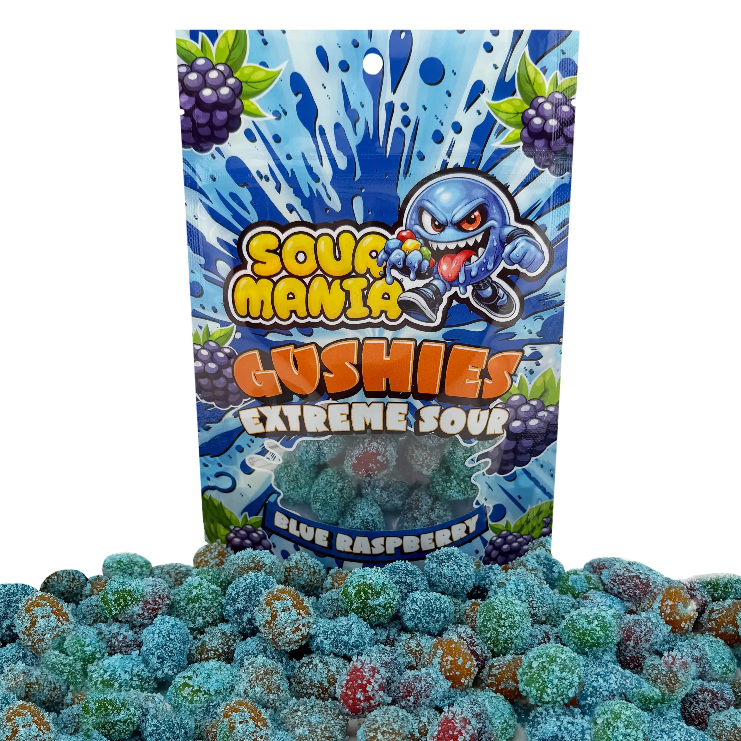 SourMania Gushies Extreme Sour Gummy Candy, Super Tangy Flavors, 6 oz Bag Blue-Raspberry