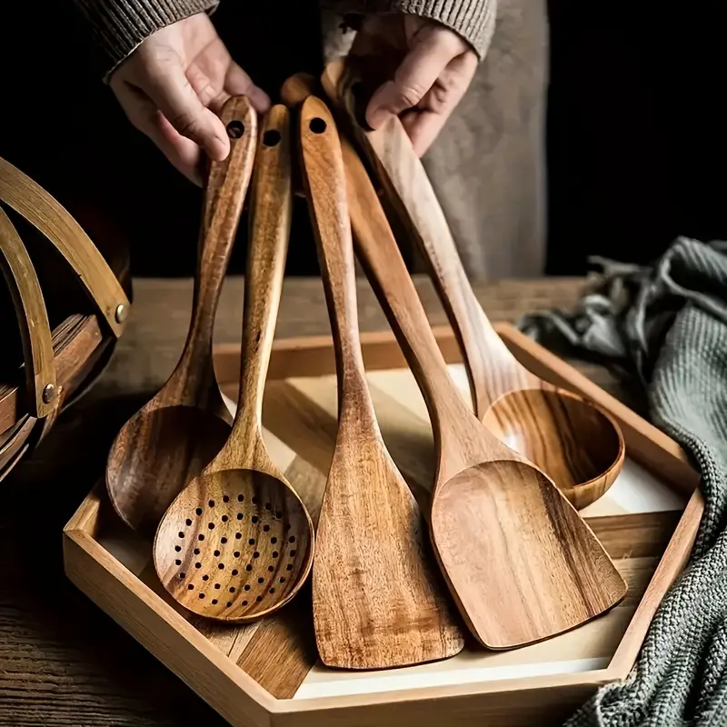 3/5/7Pcs Premium Wooden Kitchen Utensils Kit -Ergonomic Handles Natural Wooden Spoons Spurtle Ladle and Wok Spatulas Heavy-Duty Wooden Utility Set for Non-Stick Pans Heat Resistant Easy to Clean and Durable Kitchen Essentials Cookware Accessories