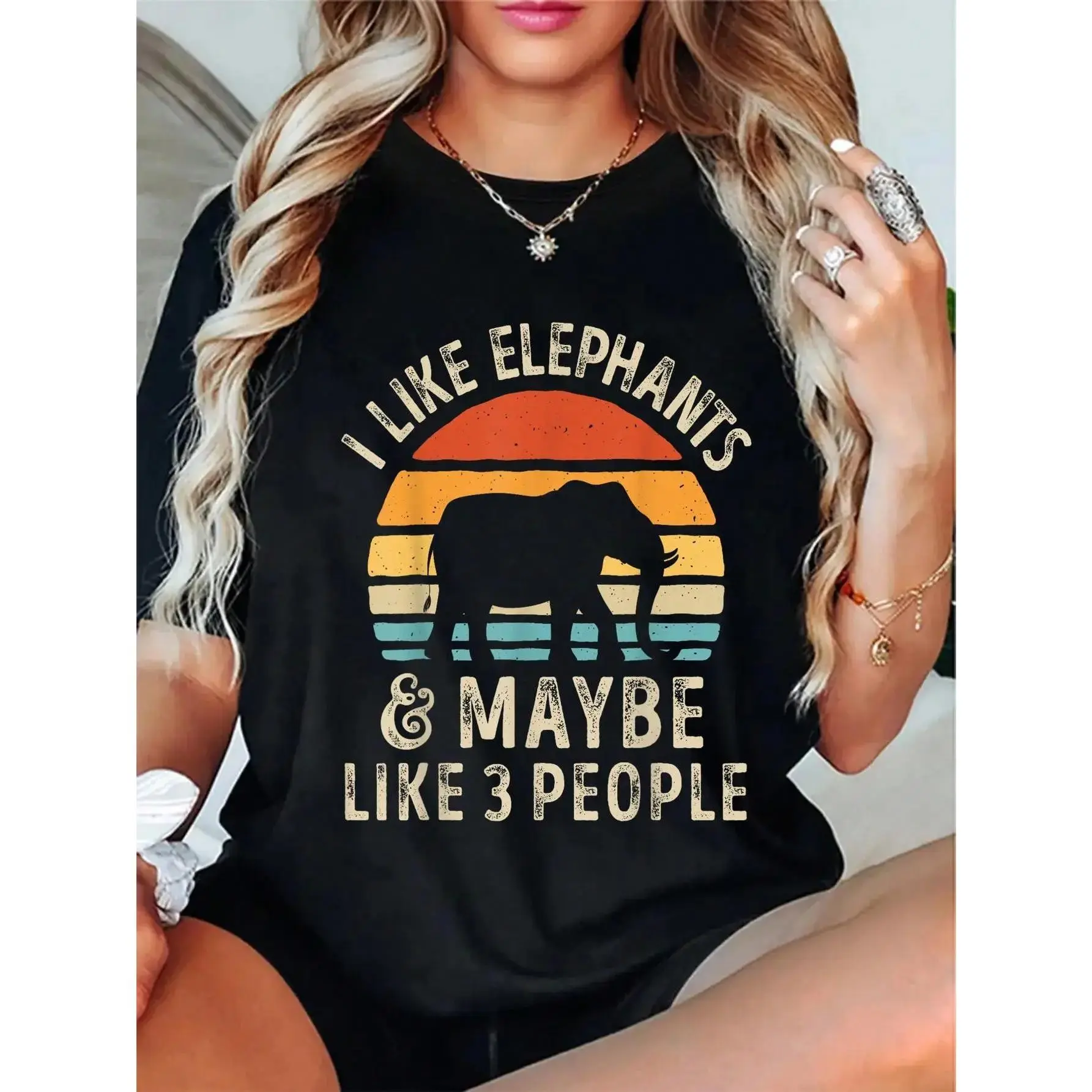 Men's 100% Cotton Printed Funny Elephant Graphic T-Shirt - "I Like Elephants and Maybe Like 3 People" Retro Quote, Crew Neck, All Seasons Casual Streetwear Short Sleeve Tops, Machine Washable, Round Neck, Clothes
