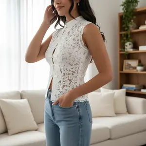 Womens Lace Mandarin Collar Guipure Split Tank Top Sleeveless Shirt