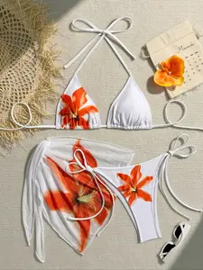 Bikini Set Three-Piece Printed Edition + Mesh Skirt, Beach Vacation Style, Summer Fashion, Women's Swimsuit & Cover-Up, Bikini Swimwear