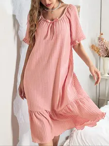 Women's Bow Tie Decor Ruffle Hem Nightdress, Casual Soft Comfortable Short Sleeve Nightgown for Comfortable Sleep, Ladies Sleepwear for Summer, Womenswear