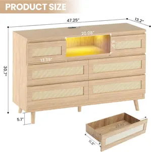 Natural Weave Rattan 6-Drawer Furniture Dresser - RGB Lights, Built-In USB & AC Outlets Charging Station, Durable Bohemian Wooden Chest for Bedroom, Living Room