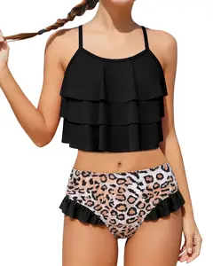 5-14 Years Girl Swimsuit 2 Piece Bikini Set Tiered Ruffled Bathing Suit Adjustable Straps Summer Girls Beach Swimwear