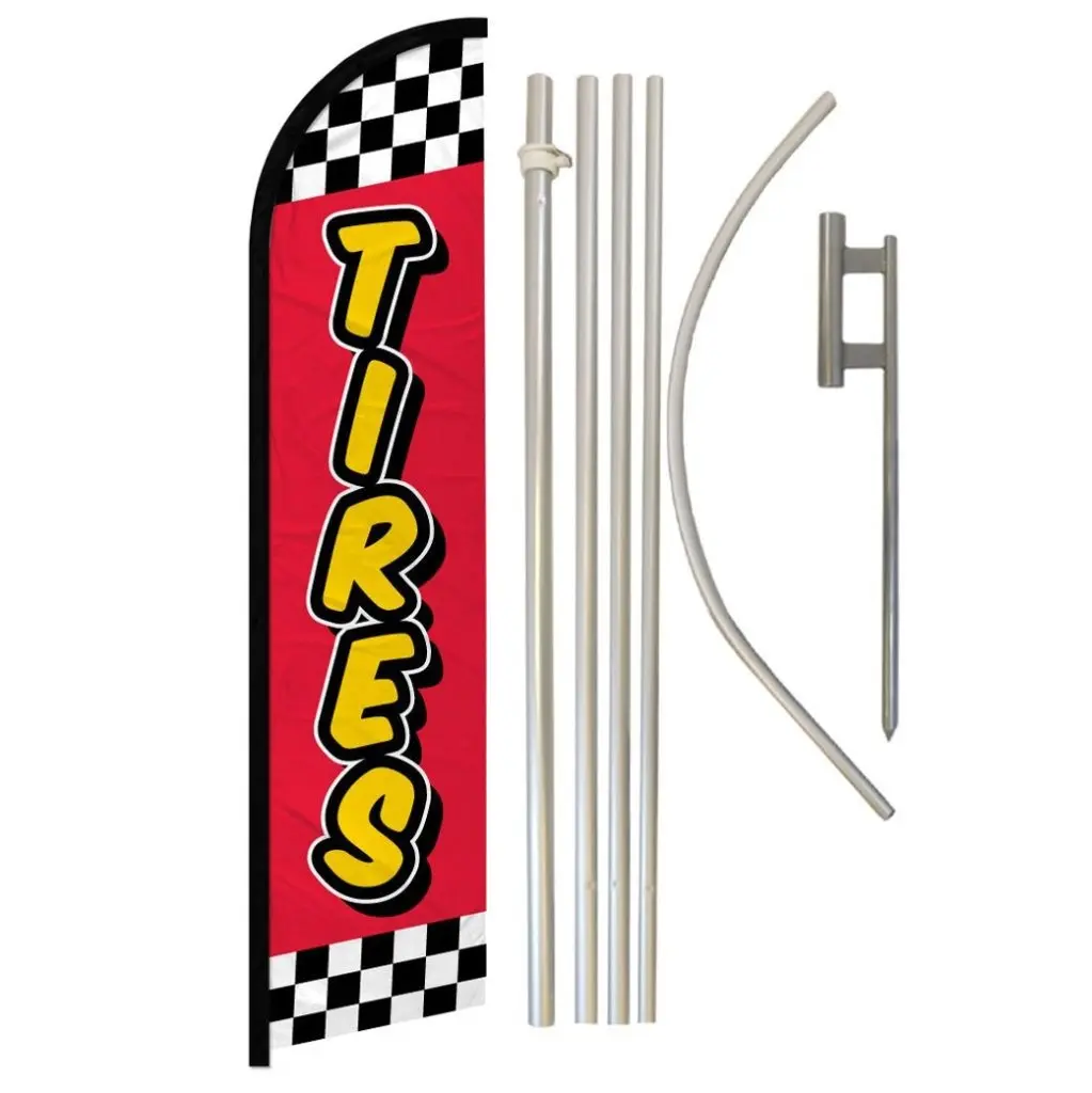 Red Checkered Tires Polyester Windless Superflag Banner & Pole Kit for Advertising, 11.5x2.5ft Outdoor Signage with 16ft Length, Steel-Aluminium Components, Curved Sleeve, Yard Sign Banner, Synthetic