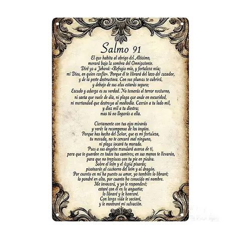 1pc 12x8in Aluminium 2D Flat Decorative Sign & Plaque - Vintage Spanish Psalm 91 Inspirational Biblical Themed Home Sign, Ornate Framed Display Frame, Faith Decor for Home Prayer Rooms, Holiday Celebrations, Kitchen