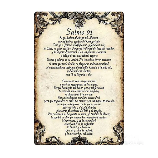 1pc 12x8in Aluminium 2D Flat Decorative Sign & Plaque - Vintage Spanish Psalm 91 Inspirational Biblical Themed Home Sign, Ornate Framed Display Frame, Faith Decor for Home Prayer Rooms, Holiday Celebrations, Kitchen