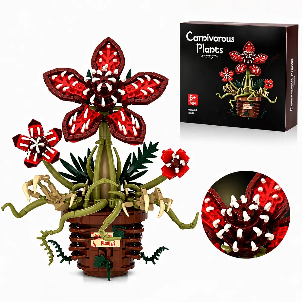 Carnivorous Plant Building Set, 548 PCS Botanical Model | Twisting vine tendrils and a vivid red bloom create a dark botanical model for desk, shelf and collector display
