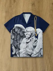 Men's Angel Print Short Sleeve Graphic Shirt, Regular Fit Casual Fashion Comfy Top for Summer, Men's Clothes for Daily Wear, Pajamas, Menswear, Navy Blue, Loungewear Pajamas