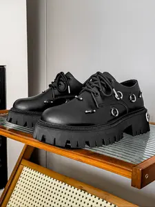 Men's Fashion Motorcycle Shoes, Thick Sole Punk Style, Leather Shoes with Metal Rings, Trendy Casual Footwear for Fall Winter, Sports Shoes