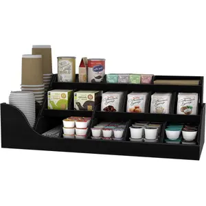 3 Tiers Black Large Coffee Station Organizer, Wooden Countertop Pods Holder with Drawer for Condiment Syrup Tea Cups, Rustic Bar Accessories Organizer Decor for Lobbies Breakroom Office