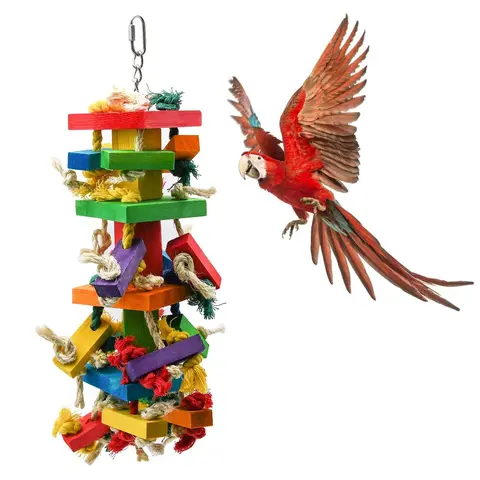Large Parrot Toy, 15.7 Inch/20 Inch Bird Parrot Toy, Multi-Color Natural Wood Chew Toy Swing, Suitable for Large Macaws & African Greys (1 Pack)