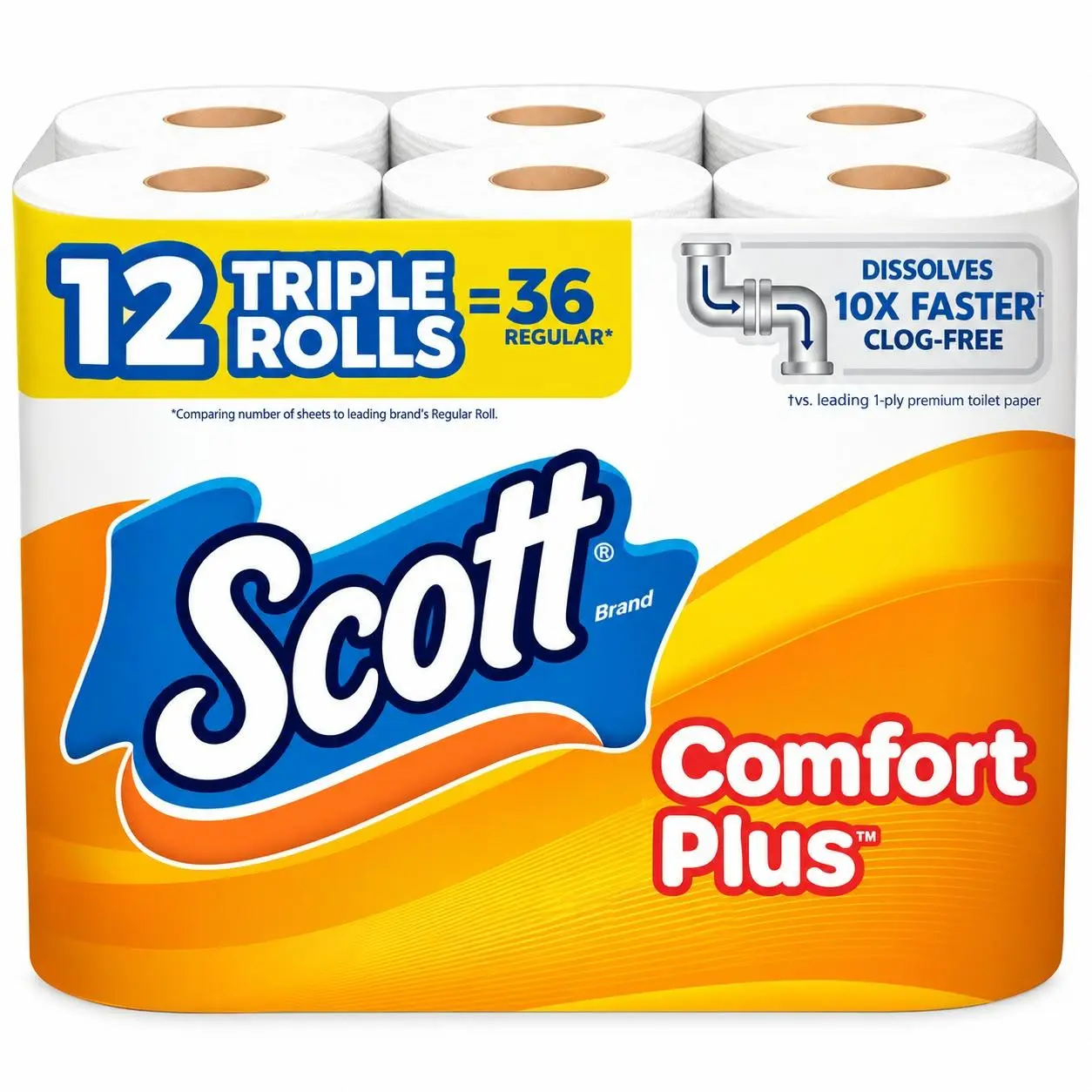 Scott ComfortPlus Toilet Paper 12 Triple Rolls 231 Sheets per Roll Septic Safe 1-Ply Absorbent Clog Free Perforated Bathroom Home Use