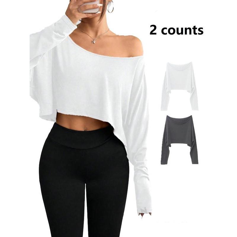 Women's Solid Off Shoulder Loose Tee, Casual Long Sleeve Crop Top for Daily Holiday Outdoor Wear, Everyday Ladies Clothes for All Seasons
