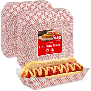 Checkered Trays (250 Pack)-Retro Red & White Checked Food Boats For Hot Dogs, Grease Resistant, Recyclable & Disposable Paperboard Trays For Hot Dogs - Stock Your Home