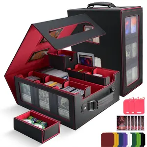 7-in-1 Trading Card Storage Box with Handle, MTG TCG Deck Box with Commander Display Fits 1300+ Sleeved Cards - Includes 6 Toploaders, 3 Stoppers, 16 Colorful Dividers & Dice Box