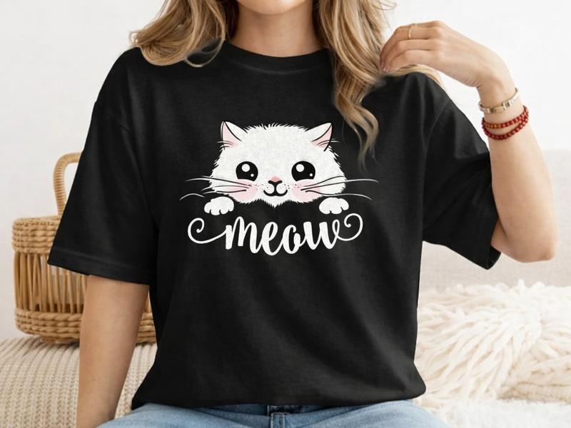 Meow Cat Graphic T Shirt for Cat Lovers, Cute Minimal Cat Face Design Tee, Funny Aesthetic Shirt for Cat Moms Cat Dads Daily Wear, Perfect Gift for Cat Parents