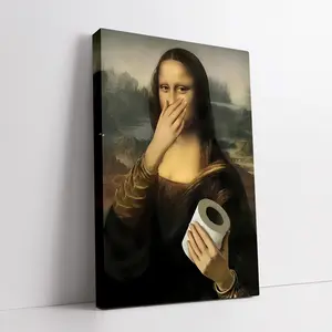 1 Piece Whimsical Mona Lisa Bathroom Meme Canvas Art - Vintage Style, Wooden Frame, 11.8x 15.7inch , Perfect for Bathroom Decoration, Featuring Classic Artwork, Fun Twists, and Humorous Home Decor|Playful Wall Decoration|Wooden Frame Poster, Bathroom Deco