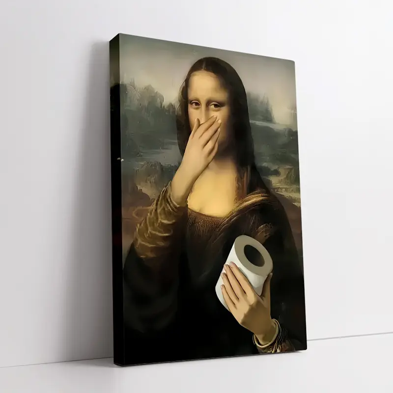 1 Piece Whimsical Mona Lisa Bathroom Meme Canvas Art - Vintage Style, Wooden Frame, 11.8x 15.7inch , Perfect for Bathroom Decoration, Featuring Classic Artwork, Fun Twists, and Humorous Home Decor|Playful Wall Decoration|Wooden Frame Poster, Bathroom Deco