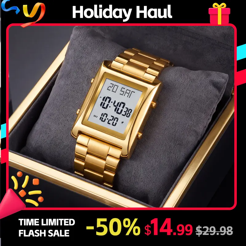 SKMEI Men's Digital Watch, Rectangular Zinc Alloy Case with Stainless Steel Band, Dual Time and Countdown Timer, 30M Water Resistant, EL Backlight, Stopwatch Alarm Calendar, Minimalist Digital LCD Wristwatch for Men
