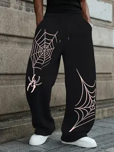 Men's Casual Sporty Long Pants, Spider & Web Pattern Print, Drawstring Wide Leg, All Season Loose Fit, Men's Fashion Joggers